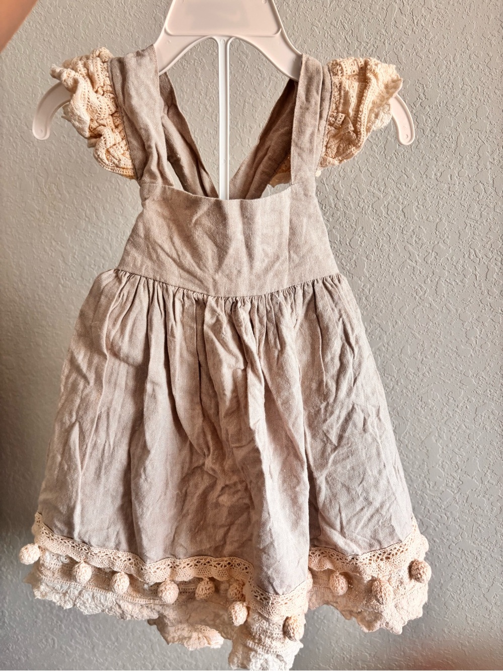 SweetHoney Cream and Tan Girls Pinafore with Crochet Trim